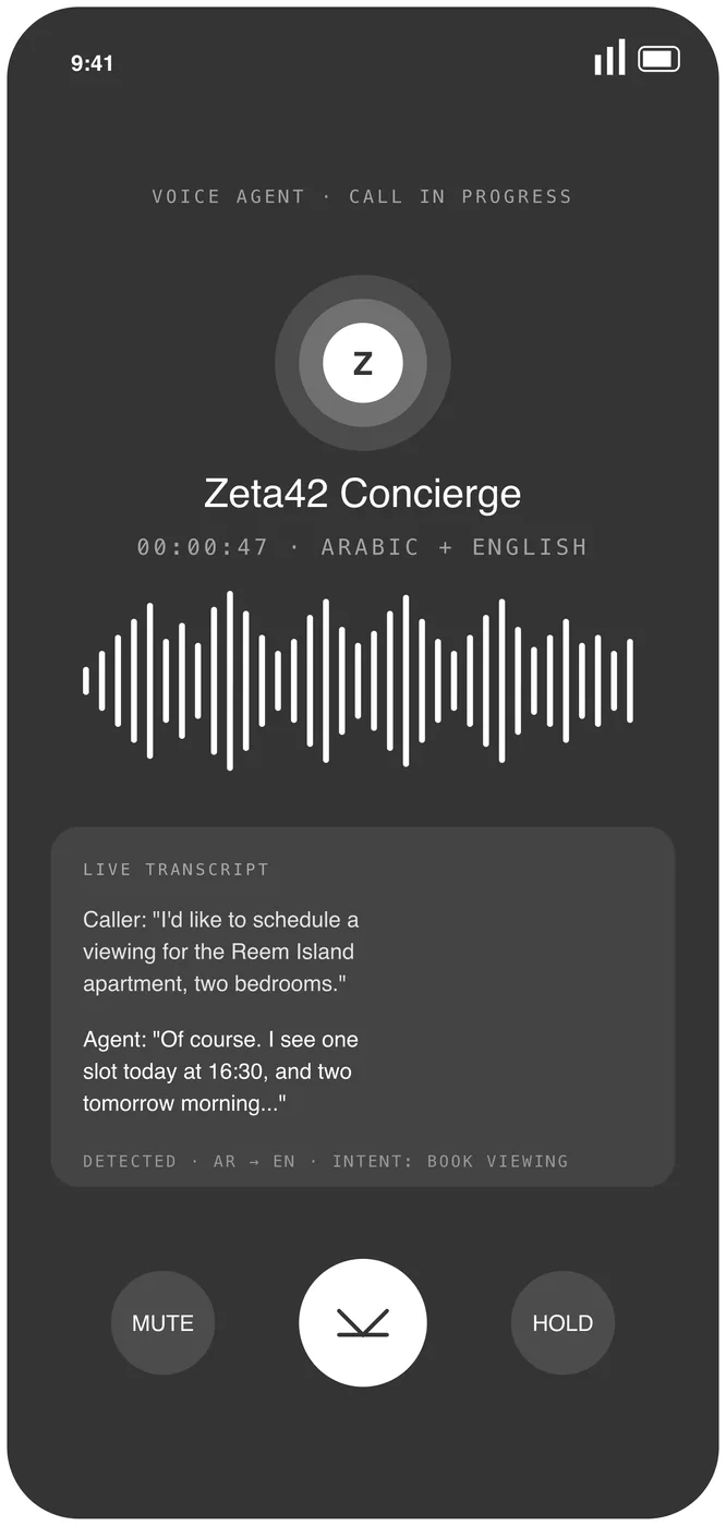 A mockup of a bilingual voice agent on a phone screen mid-call, showing a live waveform, a call timer marked Arabic and English, a running transcript of caller and agent turns, and a detected-intent line reading book viewing