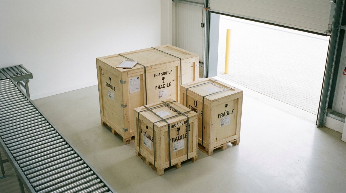 Three pale wooden export crates of different sizes strapped to pallets in a clean logistics bay, stencilled FRAGILE and THIS SIDE UP, with a roller conveyor along one wall and an open shutter door showing daylight beyond