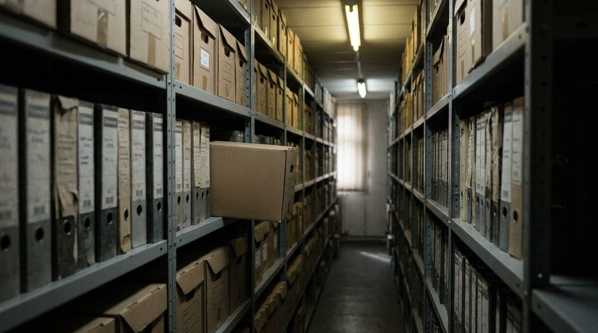 A narrow records-room aisle between tall metal shelves packed with lever-arch files and cardboard archive boxes, one box pulled half out at eye level, a lit window at the far end