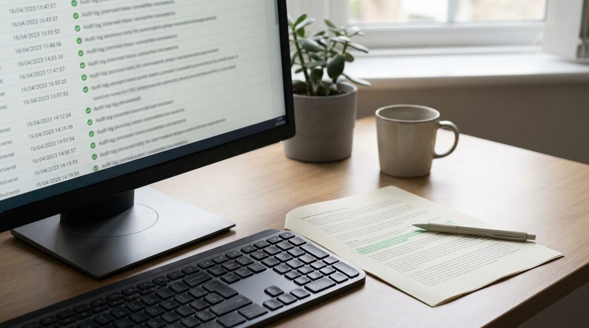 A monitor showing a long audit log of timestamped rows each with a green tick, beside a printed policy document with one paragraph highlighted in green and a pen resting on it