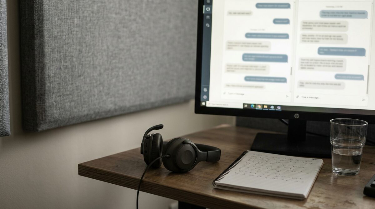 A headset resting on a desk beside a monitor showing two side-by-side columns of chat conversation, with a spiral notepad of handwritten Arabic notes and a glass of water in front of an acoustic wall panel
