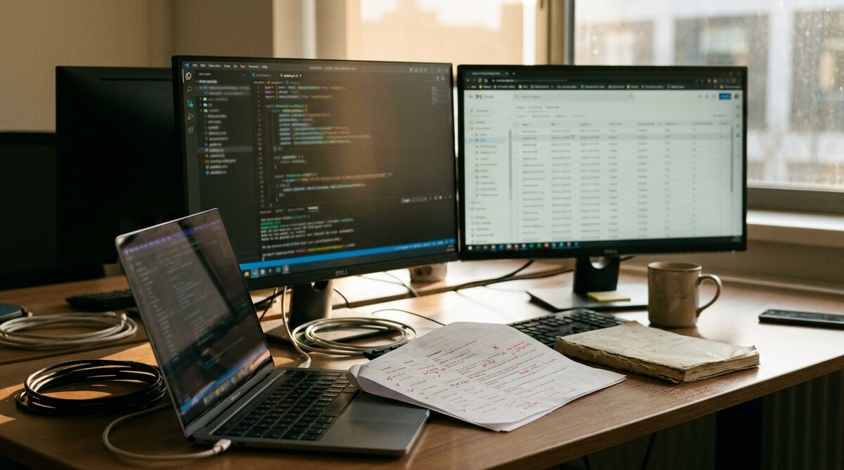 A desk mid-build: one monitor showing a code editor, another showing a table of records, an open laptop, a printed specification marked up in red pen, a mug and coiled cables, lit by a window behind