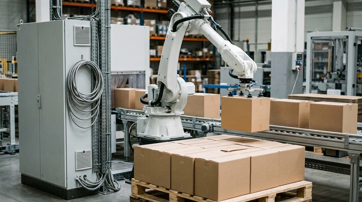 A white robot arm with a vacuum gripper lifting a sealed carton from a roller conveyor onto a stacked pallet, with a grey control cabinet and coiled cables beside it and warehouse racking behind