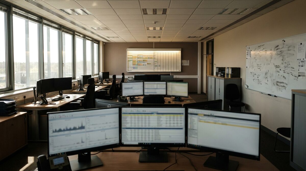 A quiet operations office between shifts: rows of desks with monitors showing dashboards and schedules, a large wall planner at the far end, a whiteboard of notes on the right wall and a window wall on the left