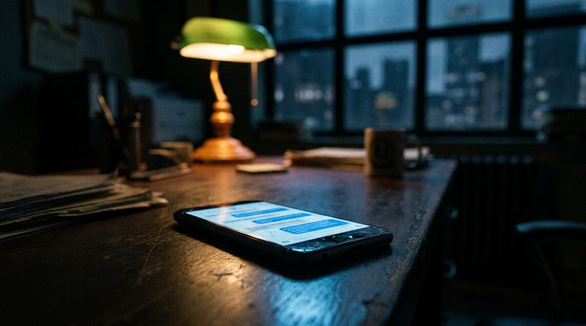 A phone lying face up on a dark wooden desk late at night, its screen glowing with a stack of chat message bubbles, a green desk lamp behind it and a city window beyond