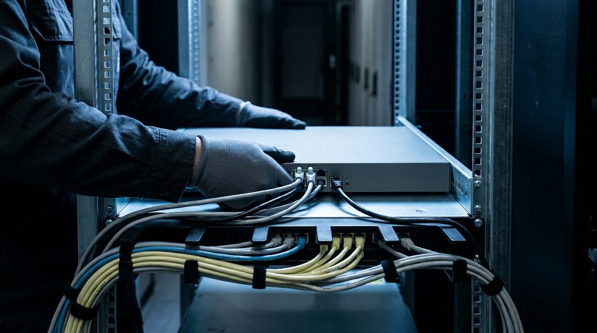 Gloved hands sliding a compact rack-mounted machine onto its rails and seating network cables into it, with bundled patch leads held in cable management below