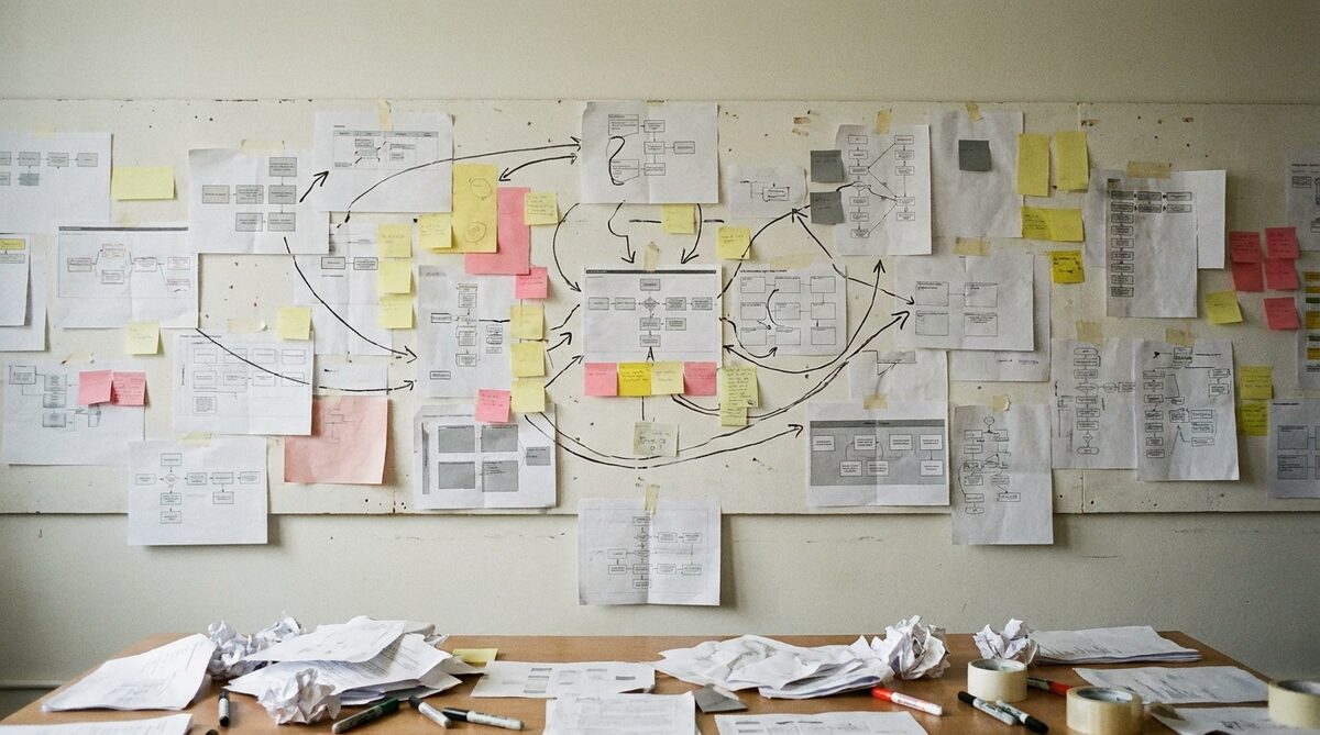 An office wall papered edge to edge with printed process diagrams, yellow and pink sticky notes and heavy hand-drawn arrows running between the sheets, with a table below covered in more printouts, markers and a roll of tape