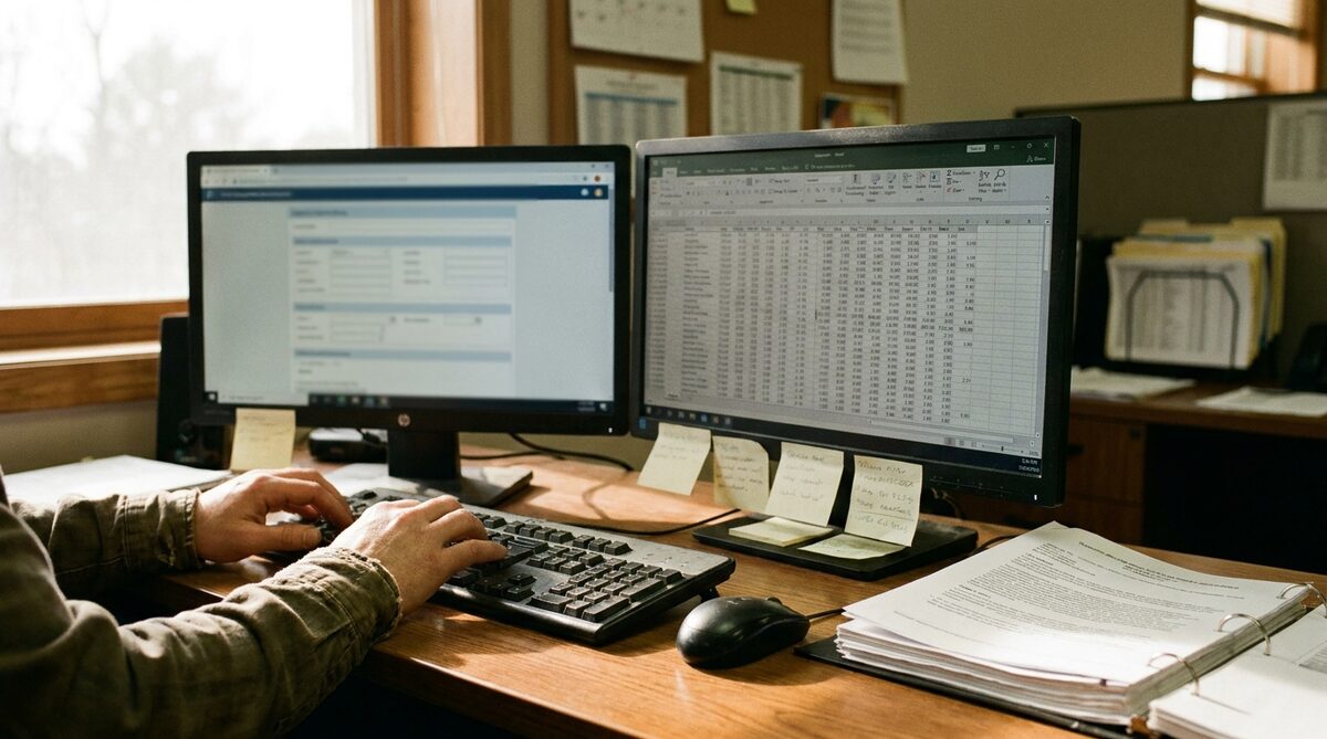 Two monitors on one desk, a data entry form on the left and a dense spreadsheet on the right, a pair of hands at the keyboard between them, sticky notes propped along the monitor stand and a ring binder of printouts to the side