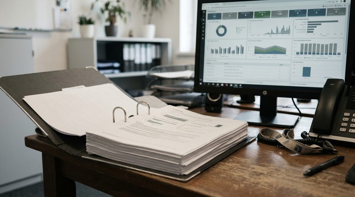 An open ring binder of printed runbook pages on a desk beside a monitor showing a live dashboard of charts and tiles, with a desk phone, a lanyard and a pen alongside