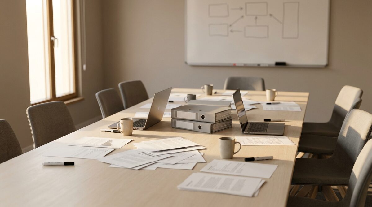 A long pale wood meeting table seen down its length, strewn with printed sheets, two open laptops, a stack of ring binders and several mugs, chairs pushed back on both sides, a whiteboard of hand-drawn boxes and arrows on the far wall and daylight from a window on the left