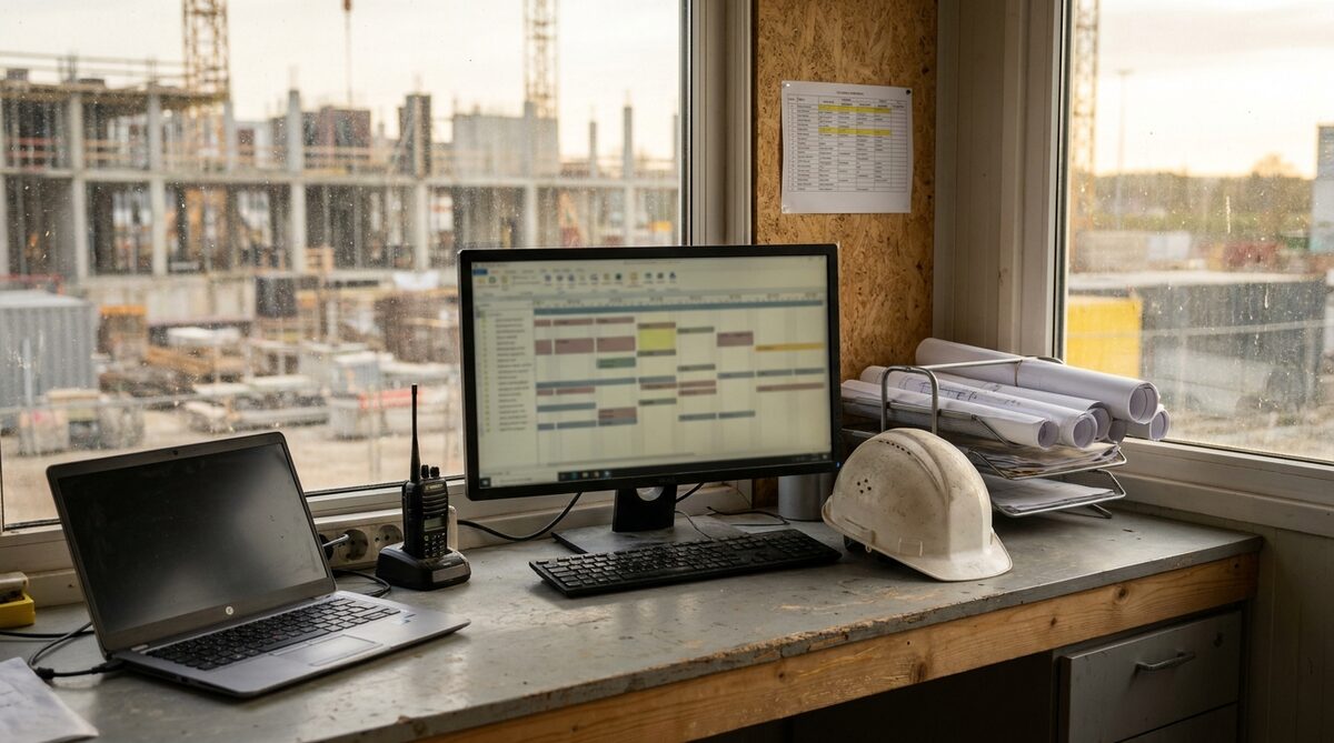 A site office desk against windows overlooking a concrete frame under construction, with a monitor showing a colour-coded project schedule, a two-way radio on its charger, a white hard hat, a wire tray of rolled drawings and a laptop at the far end