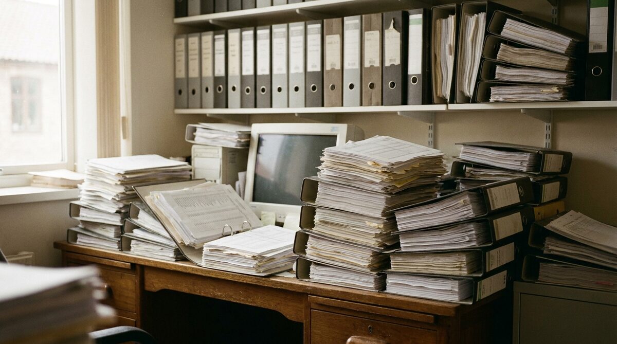 An office desk buried under tall stacks of printed spreadsheets and lever-arch files, a shelf of box files filling the wall above, and a monitor almost hidden behind the paper
