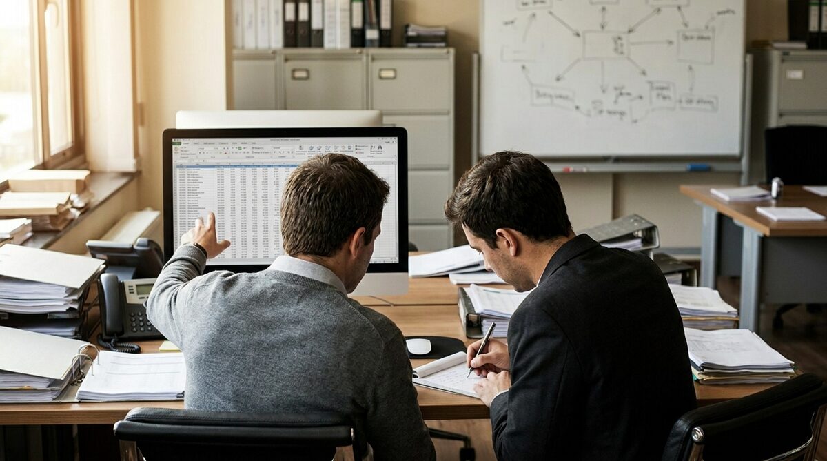 Two people seen from behind at a desk in a working office, one pointing at a monitor filled with a spreadsheet while the other writes in an open notebook, beside ring binders, a desk phone, filing cabinets and a whiteboard of hand-drawn boxes and arrows