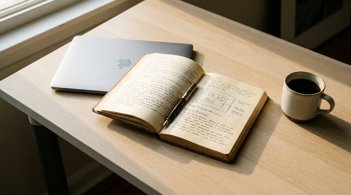 A pale wood desk lit from a window, an open hardbacked notebook filled with handwriting and a small sketched diagram, a pen resting across the page, a closed laptop pushed to one side and a mug of black coffee