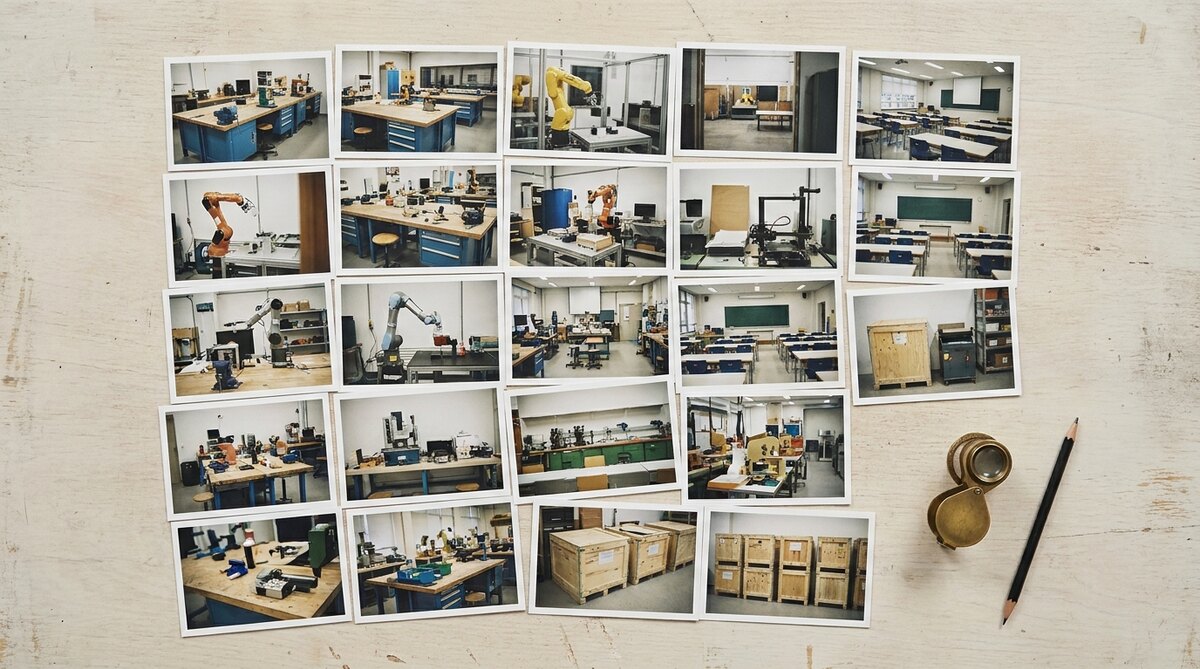 Two dozen matte prints spread in an overlapping grid on a pale wood table, photographed from above, showing workshop benches, robot arms, classrooms and crates too small to read in detail, with a loupe and a pencil at one corner