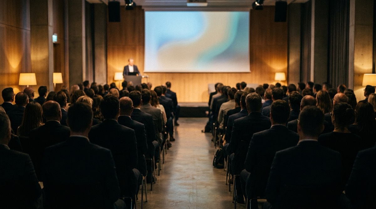 An auditorium seen from the back, a full audience facing a speaker at a lectern