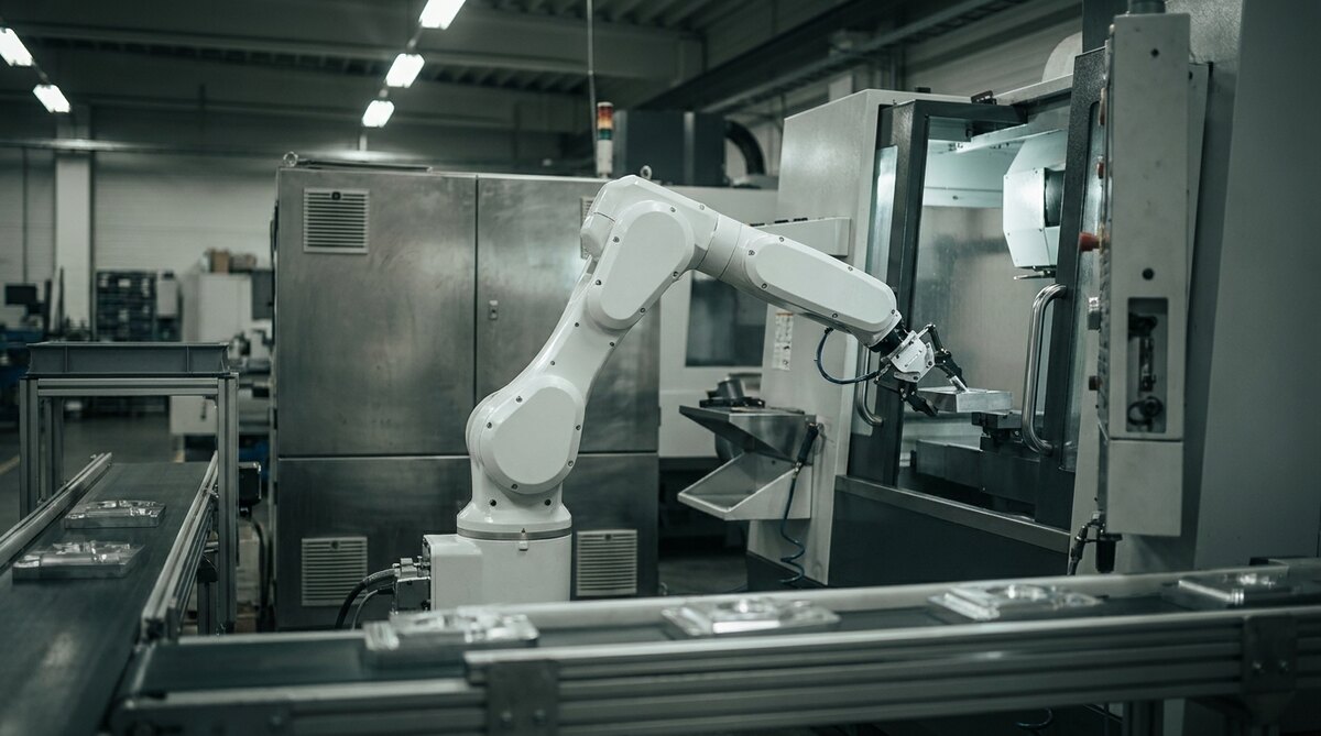 A white six-axis robot arm on a factory floor reaching into the open door of a CNC machine tool to load a metal part, a conveyor carrying trays of machined parts across the foreground and a bank of grey machine cabinets behind