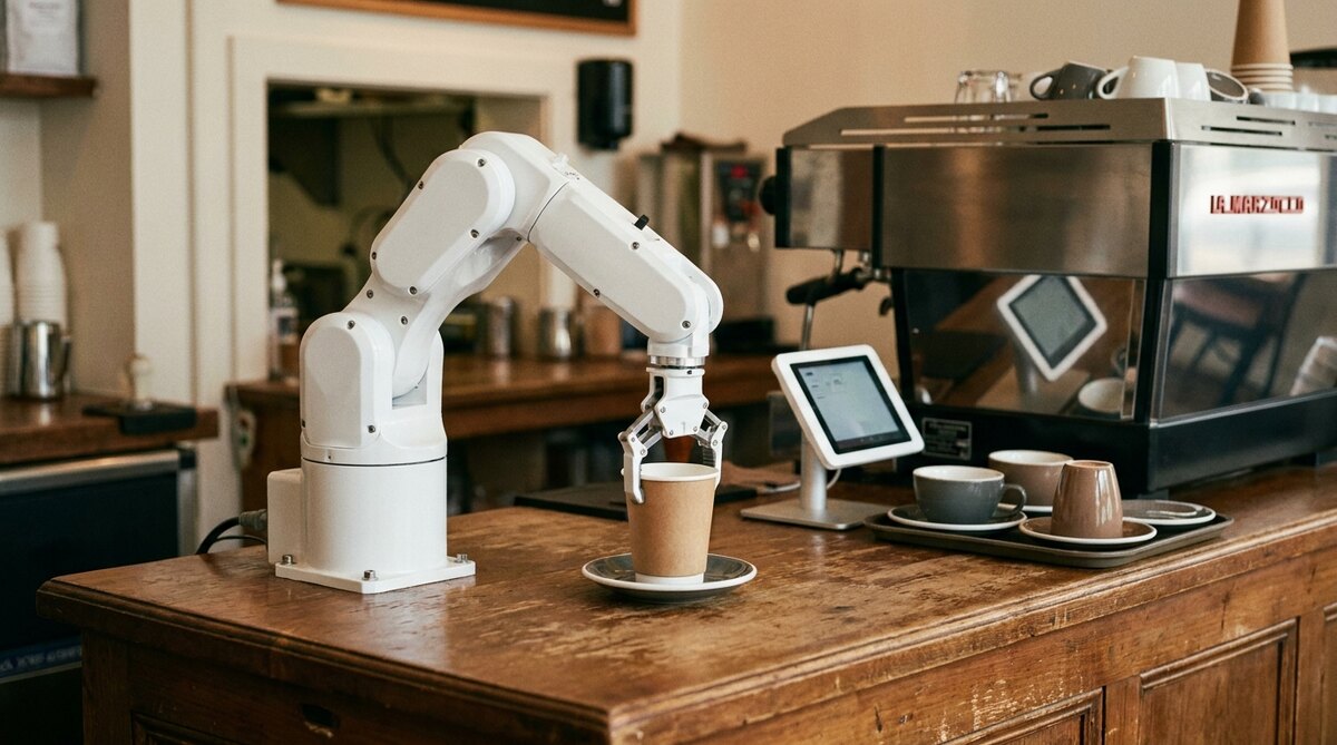 A small white four-axis robot arm bolted to the end of a wooden cafe counter, its gripper lowering a paper cup onto a saucer, with a touchscreen on a stand, two filled cups on a tray and a chrome espresso machine alongside