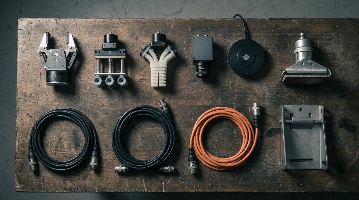 A dark workbench photographed from directly above with accessories laid out in rows: three robot grippers of different designs, a small vision camera, a black disc-shaped force sensor, a sanding head, three coiled cables with industrial connectors and a folded mounting bracket