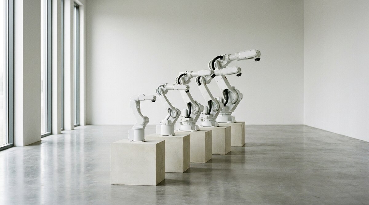 Five unbranded white robot arms of increasing size standing in a receding row on separate pale concrete plinths in an empty white hall, tall windows down the left wall, a polished concrete floor and nothing else in the room