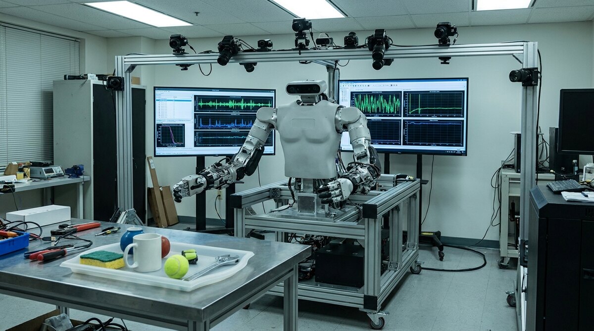 A white humanoid robot torso with two articulated arms mounted on a wheeled frame in a laboratory, a square rig of motion-capture cameras overhead, two wall monitors showing plotted sensor traces and a tray of everyday objects on the bench in front of it