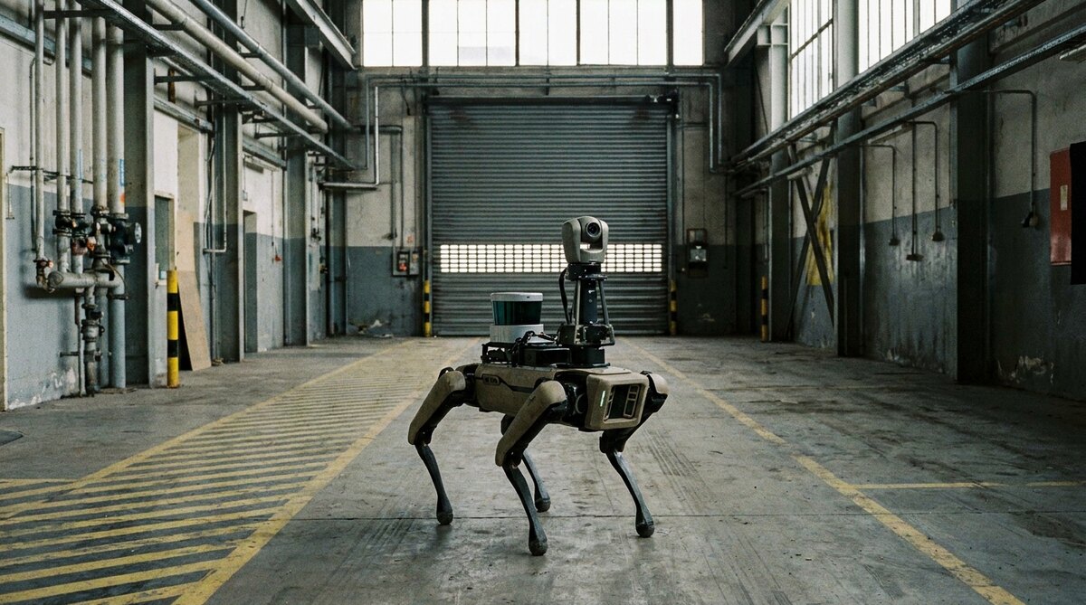 A four-legged walking robot standing alone in a wide industrial corridor, a sensor mast carrying a spinning scanner and a camera on its back, painted yellow floor markings underfoot, pipework along the walls and a roller shutter door at the far end