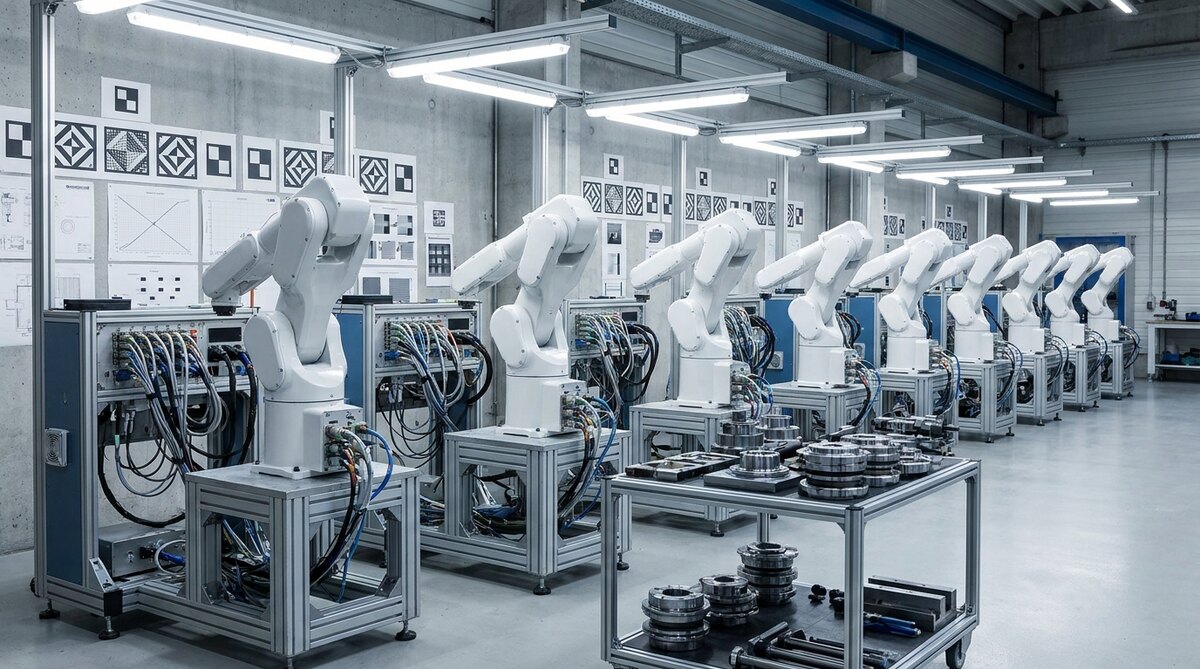 A row of white robot arms on test stands running away down a bright assembly hall, each tethered by looms of cable to its own rig, printed calibration targets on the wall behind and a trolley of gearboxes and joint components in the foreground