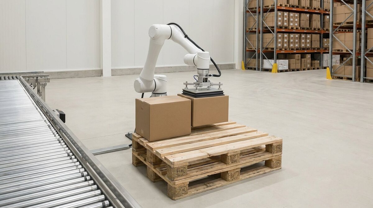 A white collaborative robot arm standing on a low steel base directly on the open floor of a clean warehouse, with no fencing around it, its vacuum gripper lowering a cardboard carton onto a part-built stack on a wooden pallet, a roller conveyor feeding cartons in from the left and racking well behind
