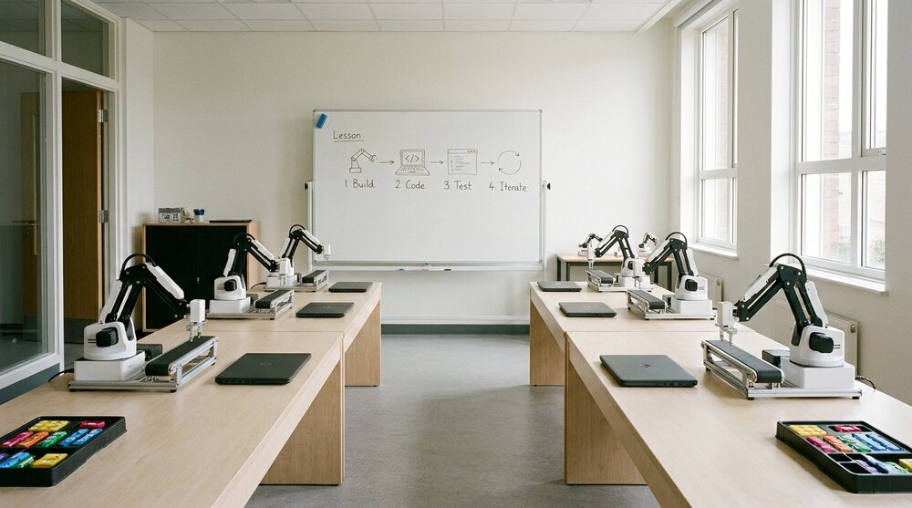 A school robotics lab with nobody in it, two rows of benches each carrying small white desktop arms, closed laptops and trays of coloured coding blocks, facing a whiteboard with a hand-drawn four-step lesson sequence on it