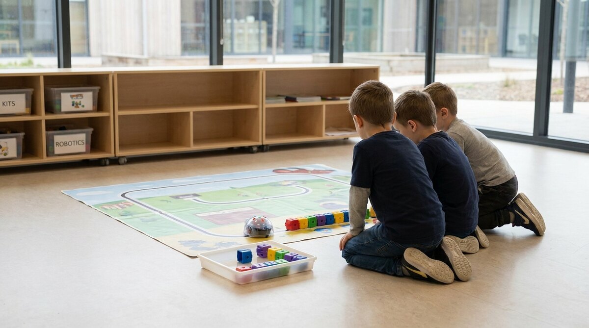 Three children kneeling with their backs to the camera on the floor of a bright teaching studio, looking down at a large printed picture mat where a small domed floor robot sits, with a row of chunky coloured coding blocks laid out in front of it, a tray of spare blocks nearby and low storage units labelled KITS and ROBOTICS along the wall