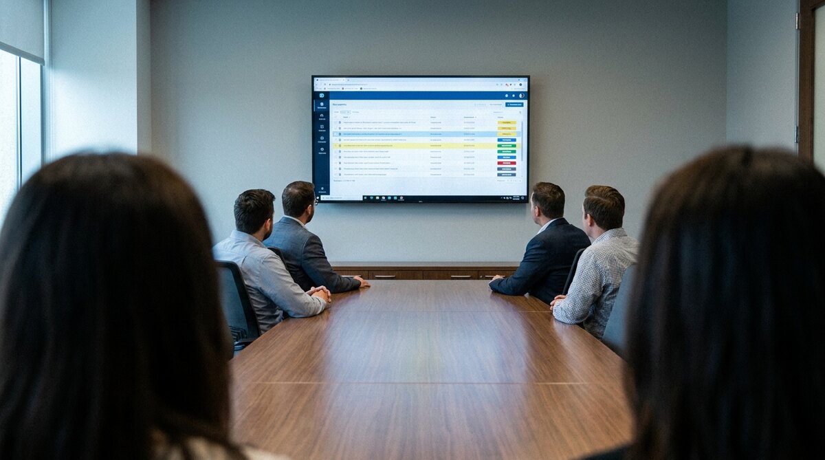 A boardroom photographed from behind the last two chairs, whose occupants are dark and out of focus in the lower corners, looking down a long table past four people all facing away towards a wall screen showing a list of document rows with coloured status labels down one side