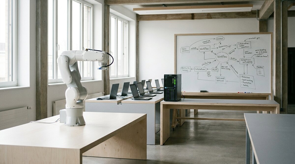 An empty workshop room with tall windows, a white six-axis robot arm on a pale wood bench in the foreground, a row of open laptops and a small server tower with green status lights on a bench behind it, and a whiteboard covered in a hand-drawn workflow diagram on the far wall