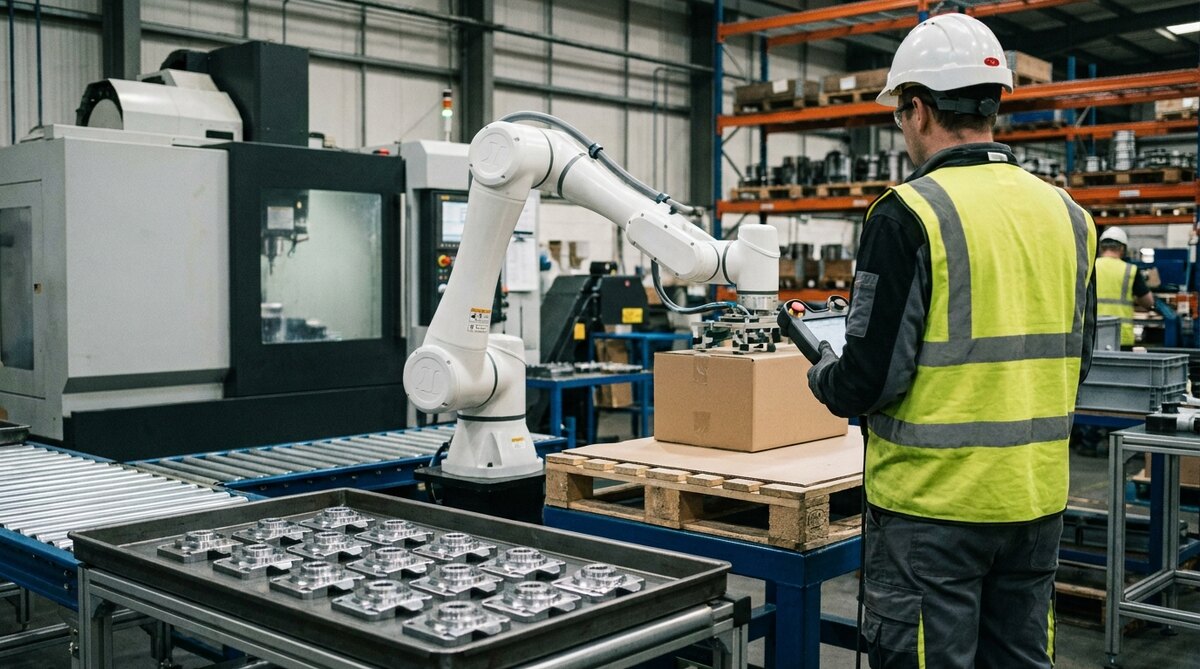 A factory floor with an operator seen from behind in a hi-vis vest and white hard hat holding a teach pendant, watching a white collaborative robot arm set a cardboard box onto a wooden pallet beside a conveyor, with a machine tool to the left, racking behind and a tray of machined metal parts in the foreground