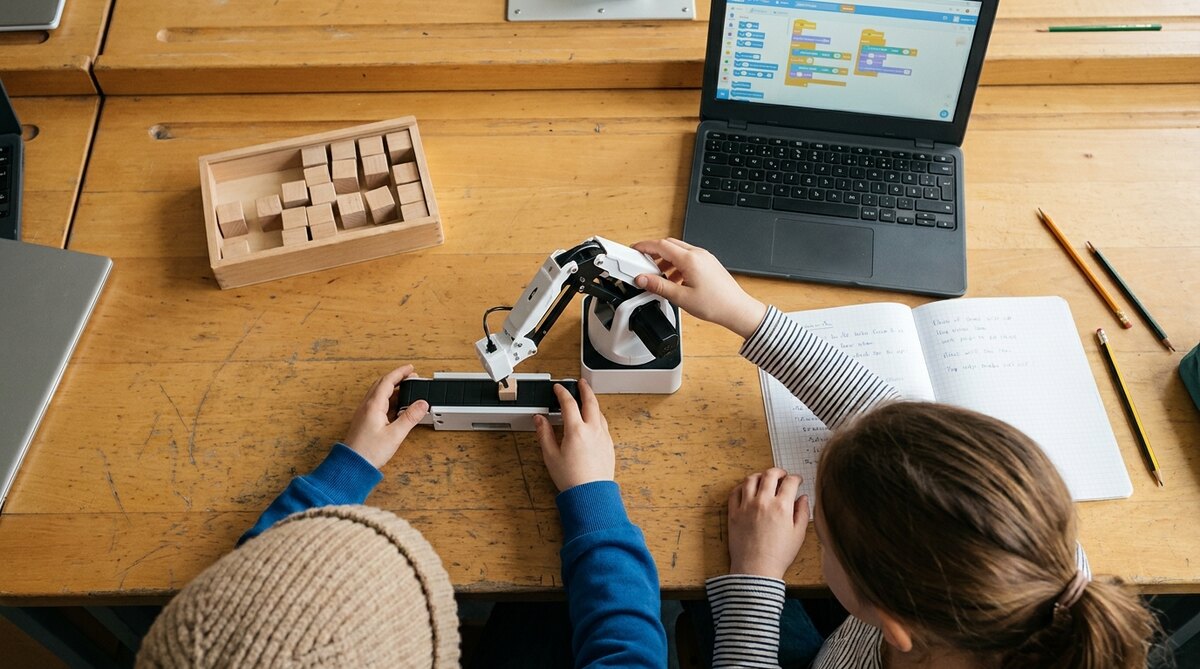 A school laboratory bench photographed from directly overhead, showing only the tops of two children's heads and their hands as they work a small white desktop robot arm, with a laptop displaying a coloured block-coding editor, a tray of wooden cubes and an open notebook on the bench