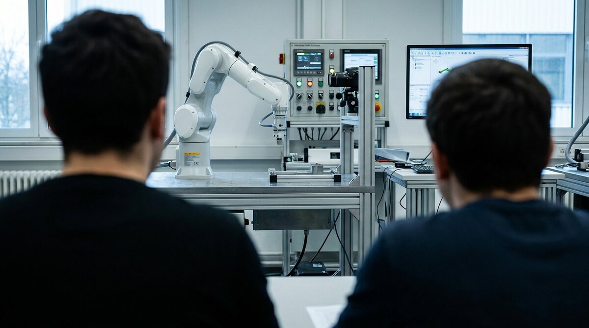 A university engineering laboratory seen from directly behind two seated students whose heads and shoulders fill the lower corners of the frame, looking past them to a white six-axis collaborative arm on a steel bench beside an industrial control panel of switches and dials and two monitors of software