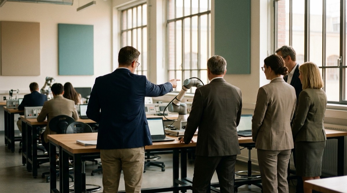 A group in business dress seen from behind at a lab bench, one of them pointing at a robotic arm