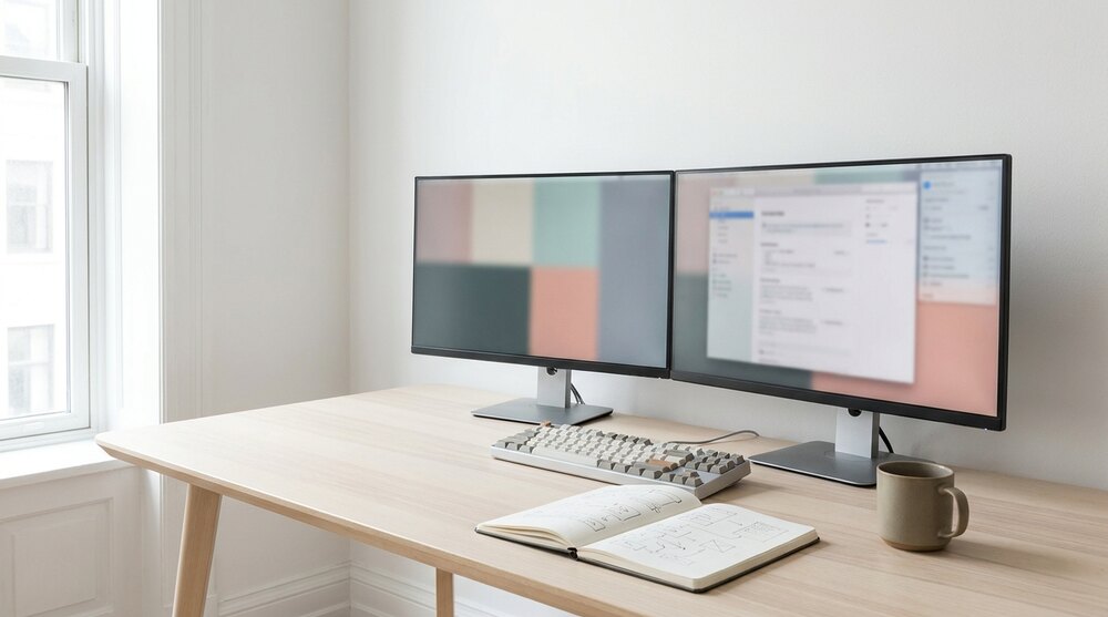 A pale wood desk by a window with nobody at it, two monitors showing soft blocks of colour and an out-of-focus interface with no readable text, a keyboard in front of them and an open notebook of hand-drawn boxes and arrows