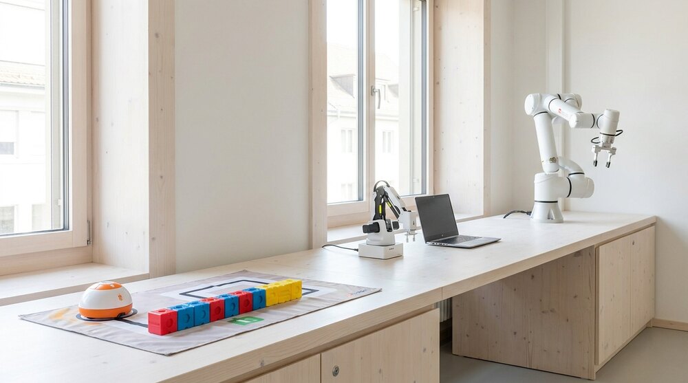 One bench carrying the whole progression: a printed picture mat with a small domed floor robot and a row of chunky coloured coding blocks at the near end, a small white desktop arm beside a laptop in the middle, and a larger white six-axis arm at the far end