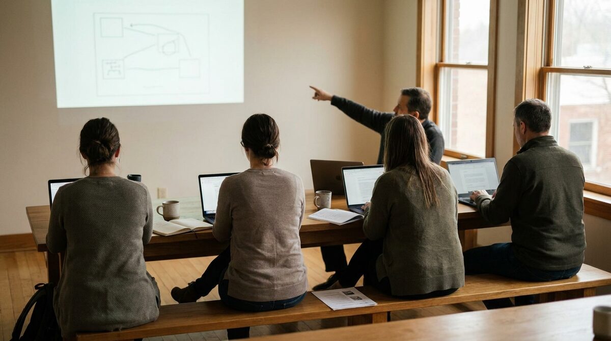 Four adults seen from behind at a long bench of laptops in a training room, a mentor at the far end pointing up at a projected diagram, with notebooks, mugs and printed handouts along the bench