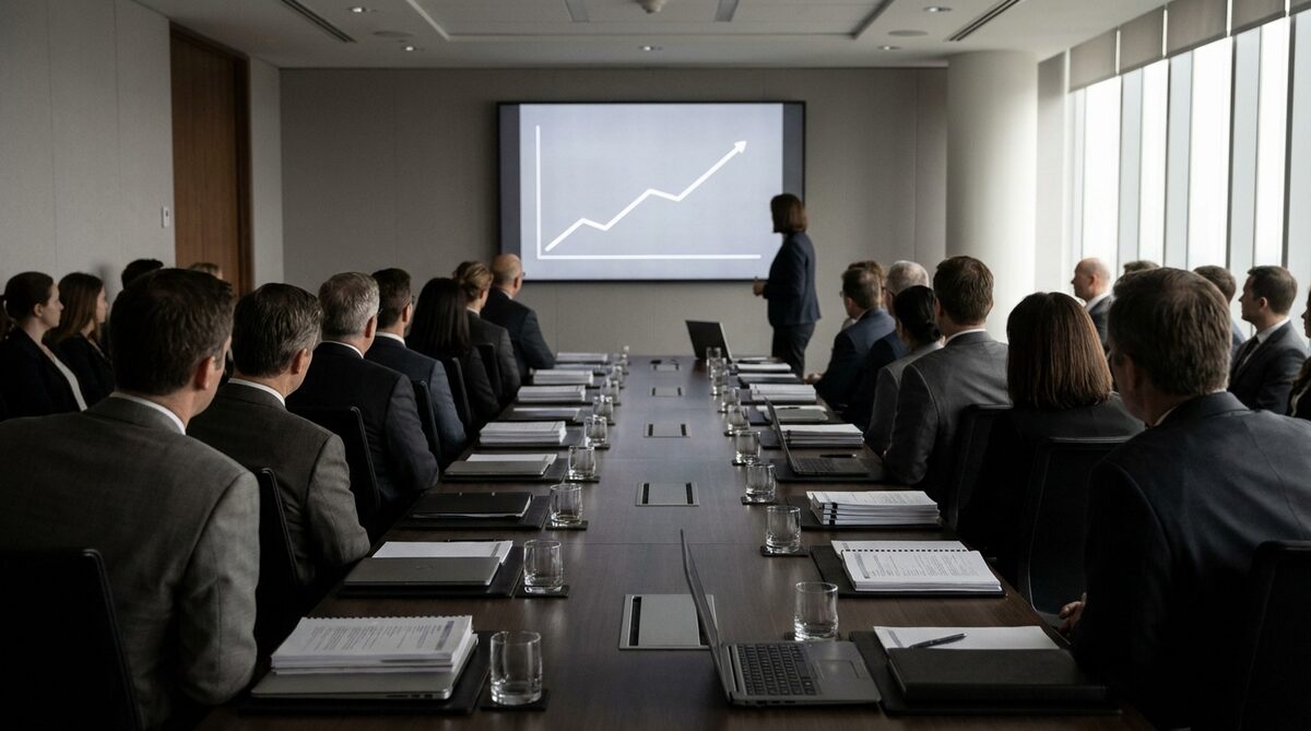 A boardroom seen from behind the last seats, two rows of people facing away down a long table towards a wall screen showing a rising line chart, with the presenter also turned away towards it
