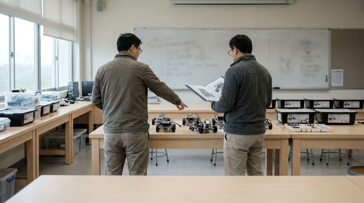 Two adults standing side by side at the front of a school robotics lab, both seen from behind, one pointing at a row of small wheeled robots on the bench while the other holds an open folder of plans