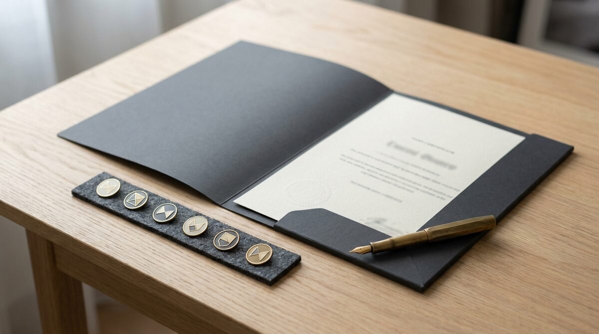 A dark folder lying open on a pale wood desk with a printed certificate inside, a strip of six small round enamel badges laid in a line beside it and a pen resting across the corner