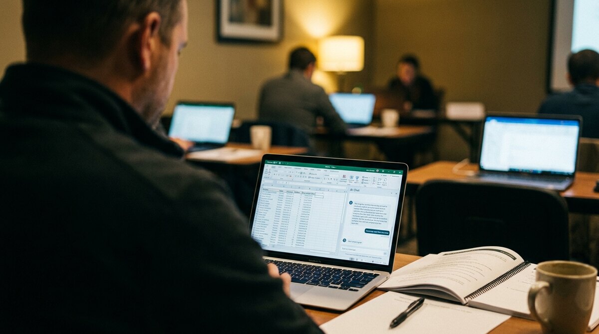 An evening training room seen past the shoulder of one adult in the dark foreground, focus on their laptop showing a spreadsheet beside an open AI chat panel, with a ring-bound workbook, a pen and a mug on the desk and further laptops behind