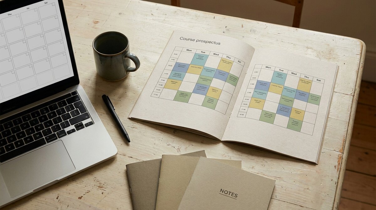 A desk from above with a printed course prospectus lying open at two weekly timetable grids of coloured blocks, a laptop showing an empty calendar alongside, and a mug, a pen and three plain notebooks at the desk edge