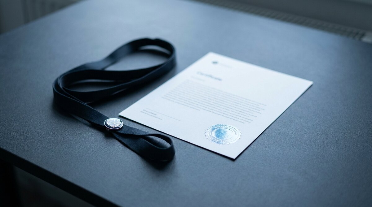 A single printed certificate on white card lying on a charcoal desk, its embossed silver seal catching the light at the lower corner, with a plain black lanyard and one small round enamel badge coiled beside it