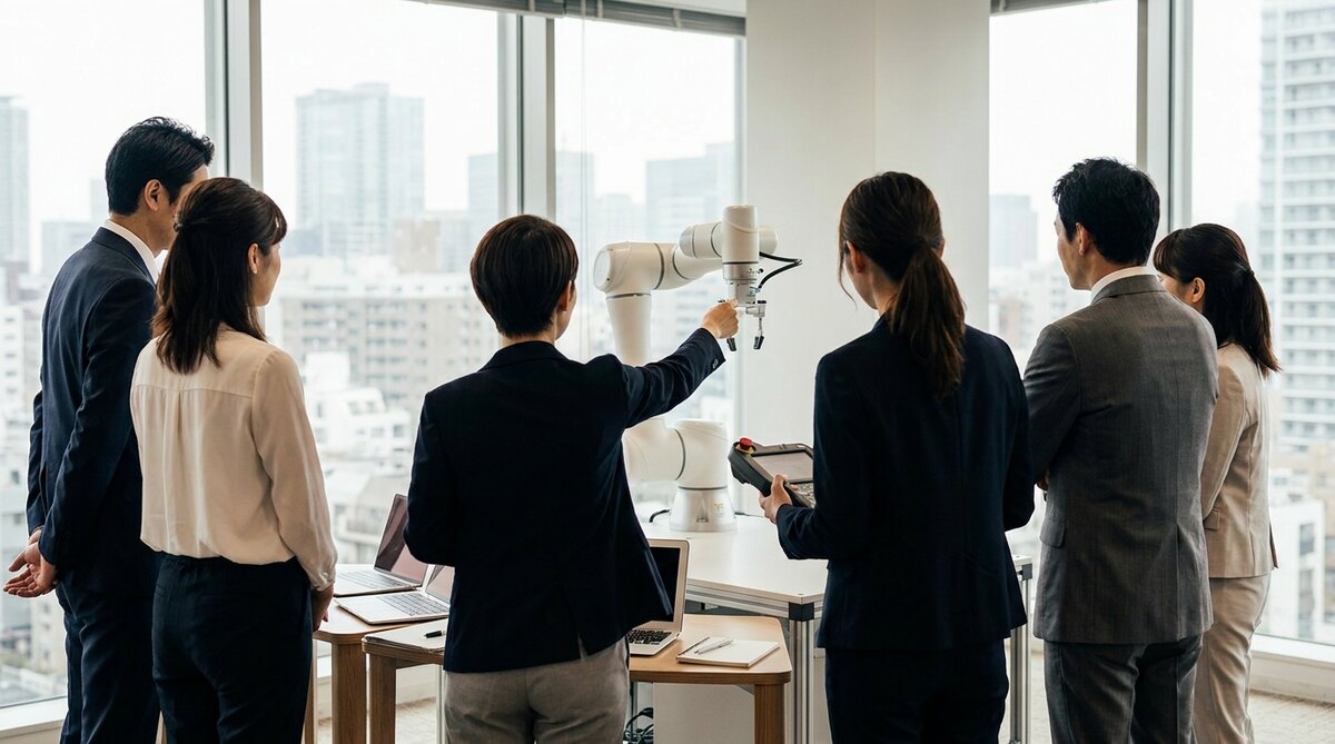 Six adults in business dress standing in a semicircle with their backs to the camera in a bright office, watching one of them hold a teach pendant up to a small white collaborative robot arm on a table, with laptops alongside and city towers through the windows