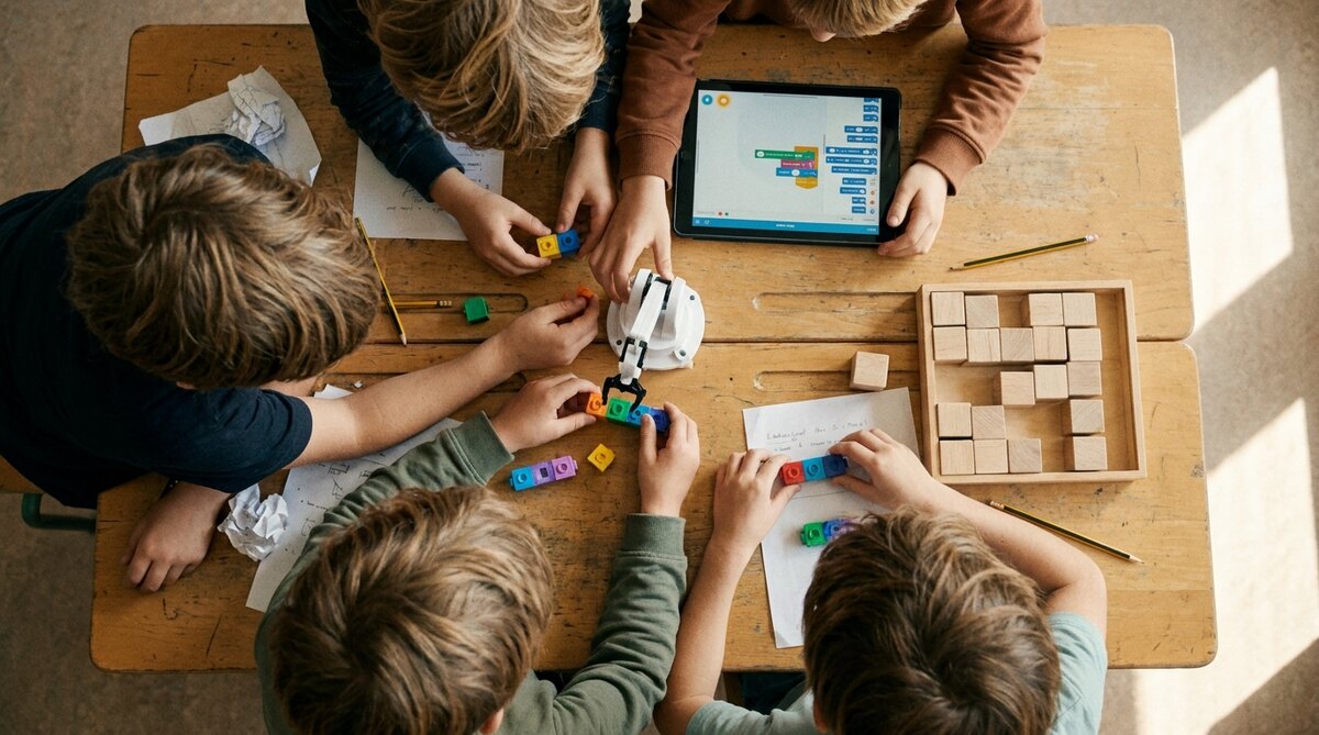 Four children at a classroom table photographed from directly overhead, only the tops of their heads and their hands in frame, fitting coloured coding blocks together beside a small white gripper, a tablet showing a block editor and a tray of wooden cubes