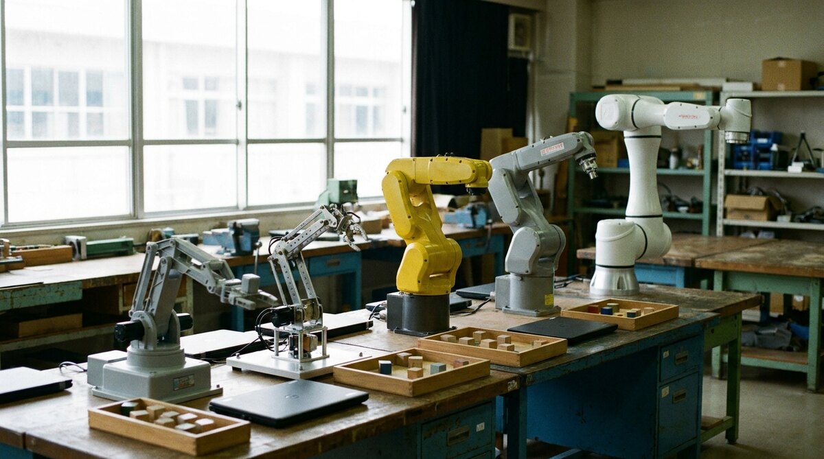 A school robotics workshop bench with nobody in the room, carrying four robot arms lined up in increasing size from a small white educational arm at the near end to a full six-axis collaborative arm at the far end, each with a laptop and a tray of wooden blocks beside it