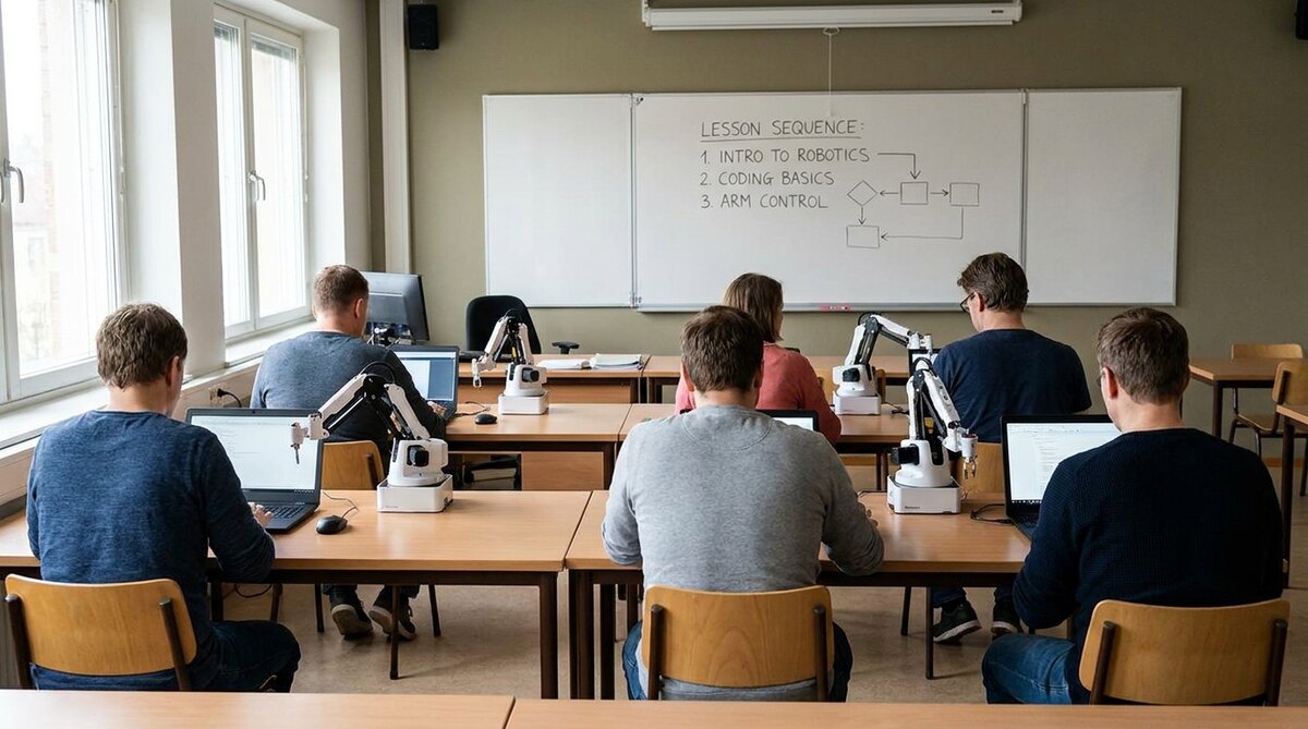 A teacher training room photographed from the back so every adult is seen from behind, six of them at desks each working on a small white robot arm beside an open laptop, facing a whiteboard headed Lesson Sequence with three numbered steps