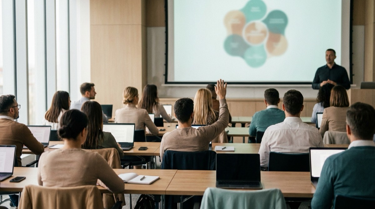 A training room seen from the back: rows of adults at laptops facing a screen, one hand raised